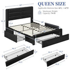 Cadre de lit tapissé Yaheetech avec 4 tiroirs de rangement et ports USB intégrés