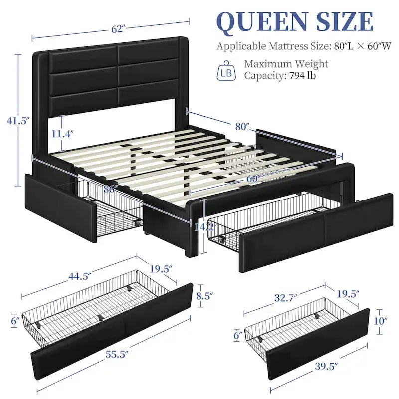 Cadre de lit tapissé Yaheetech avec 4 tiroirs de rangement et ports USB intégrés