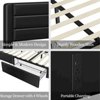 Cadre de lit tapissé Yaheetech avec 4 tiroirs de rangement et ports USB intégrés