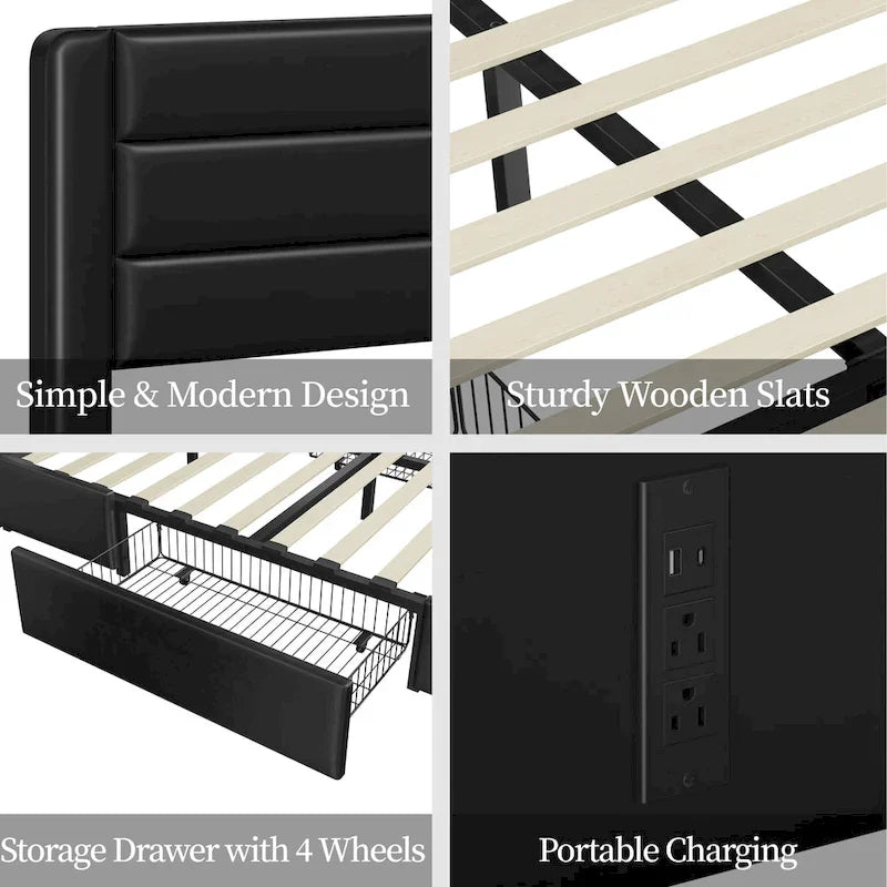 Cadre de lit tapissé Yaheetech avec 4 tiroirs de rangement et ports USB intégrés
