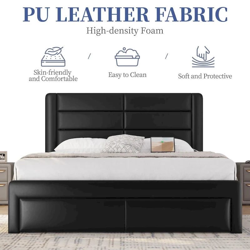 Cadre de lit tapissé Yaheetech avec 4 tiroirs de rangement et ports USB intégrés