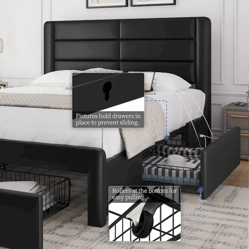 Cadre de lit tapissé Yaheetech avec 4 tiroirs de rangement et ports USB intégrés