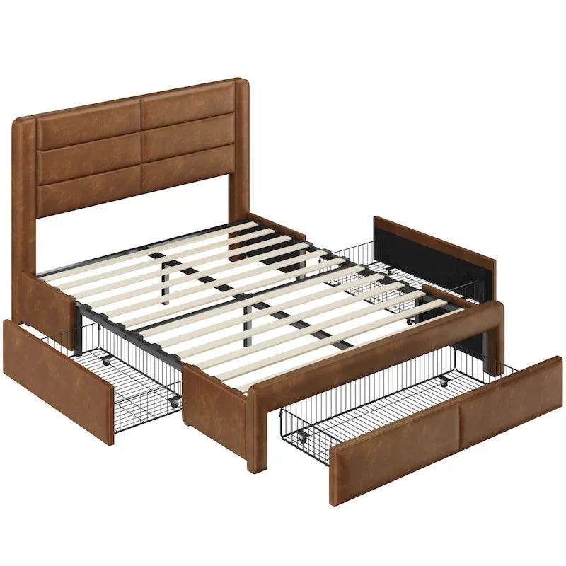 Cadre de lit tapissé Yaheetech avec 4 tiroirs de rangement et ports USB intégrés