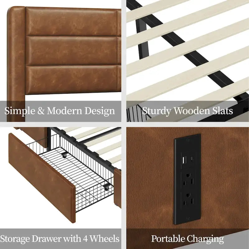 Cadre de lit tapissé Yaheetech avec 4 tiroirs de rangement et ports USB intégrés