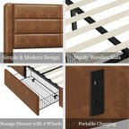 Cadre de lit tapissé Yaheetech avec 4 tiroirs de rangement et ports USB intégrés