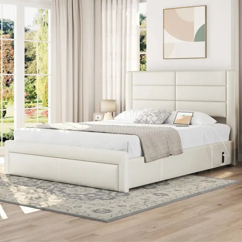 Cadre de lit tapissé Yaheetech avec 4 tiroirs de rangement et ports USB intégrés