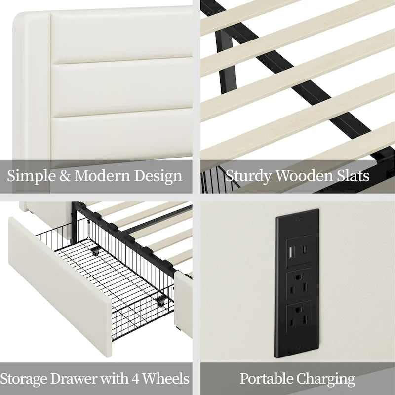 Cadre de lit tapissé Yaheetech avec 4 tiroirs de rangement et ports USB intégrés
