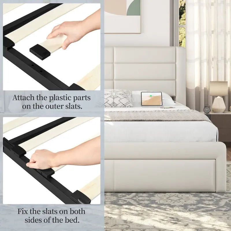 Cadre de lit tapissé Yaheetech avec 4 tiroirs de rangement et ports USB intégrés