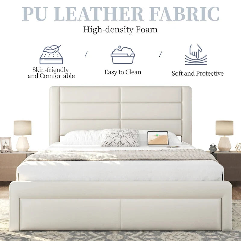 Cadre de lit tapissé Yaheetech avec 4 tiroirs de rangement et ports USB intégrés