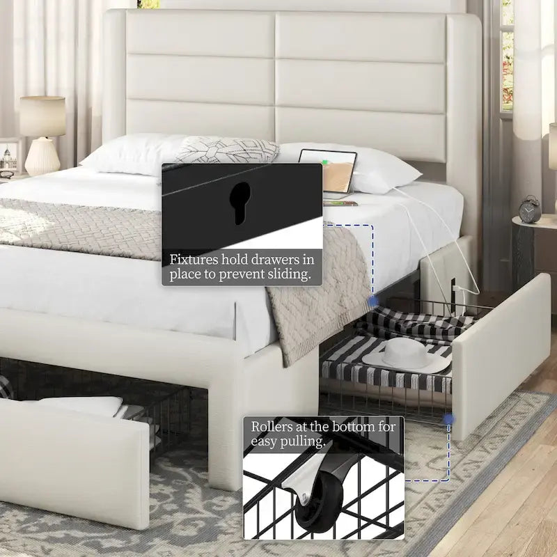 Cadre de lit tapissé Yaheetech avec 4 tiroirs de rangement et ports USB intégrés