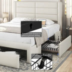 Cadre de lit tapissé Yaheetech avec 4 tiroirs de rangement et ports USB intégrés