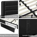 Cadre de lit tapissé Yaheetech avec 4 tiroirs de rangement et ports USB intégrés