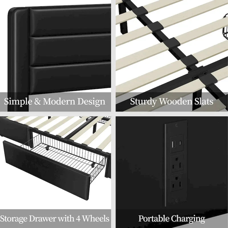 Cadre de lit tapissé Yaheetech avec 4 tiroirs de rangement et ports USB intégrés