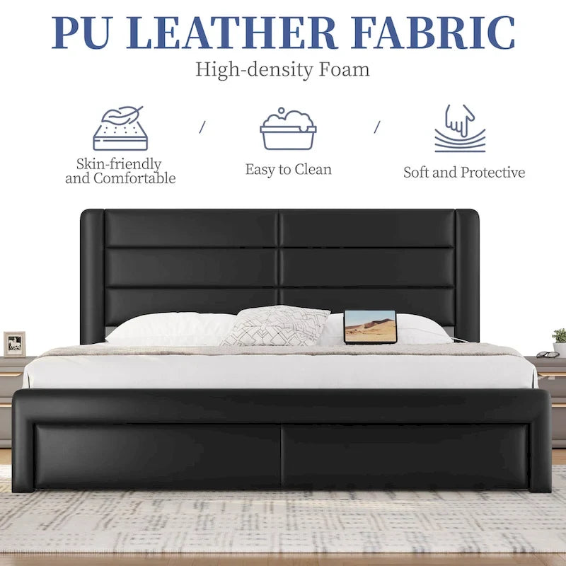 Cadre de lit tapissé Yaheetech avec 4 tiroirs de rangement et ports USB intégrés