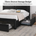 Cadre de lit tapissé Yaheetech avec 4 tiroirs de rangement et ports USB intégrés