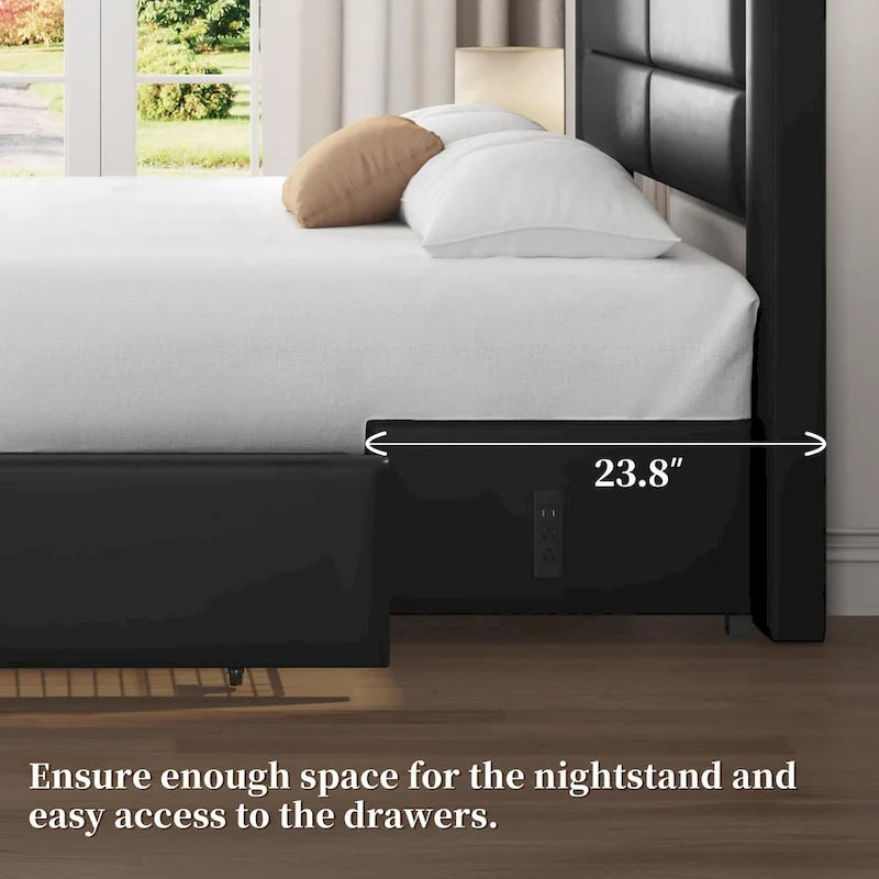 Cadre de lit tapissé Yaheetech avec 4 tiroirs de rangement et ports USB intégrés