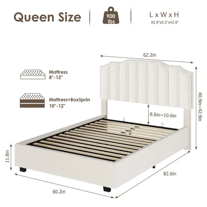 Lit plateforme relevable capitonné en velours et bois, format Queen Size, avec rangement