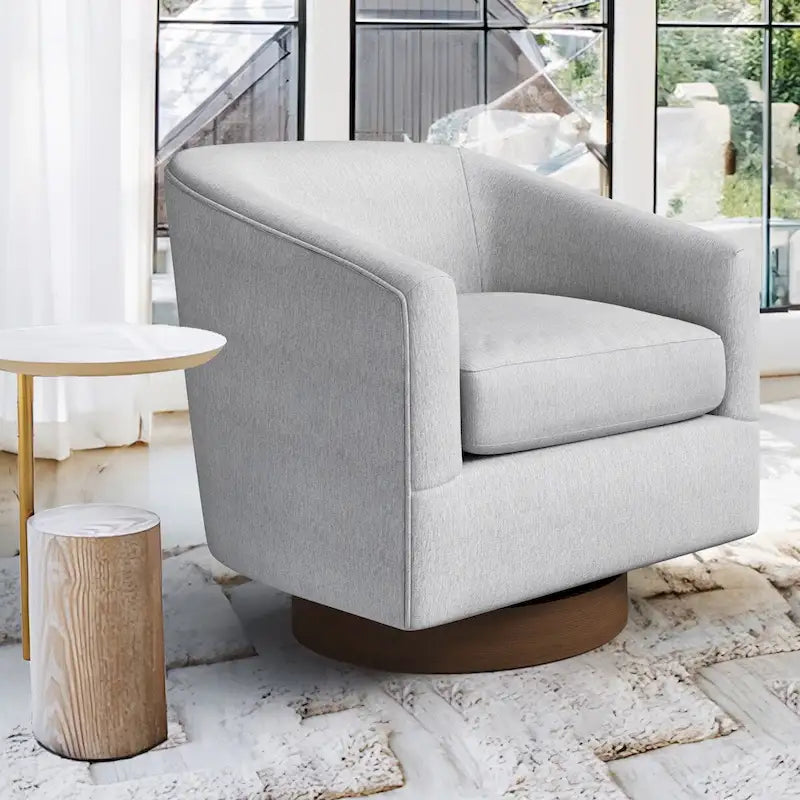 Fauteuil pivotant moderne en tissu pour salon, structure en bois