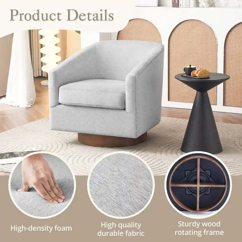 Fauteuil pivotant moderne en tissu pour salon, structure en bois