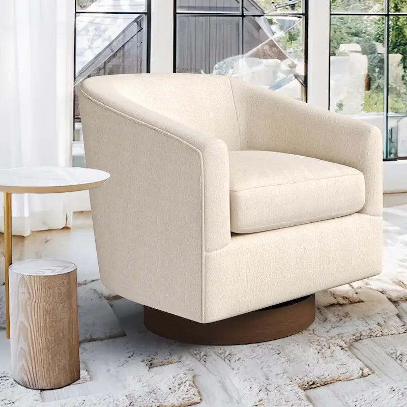 Fauteuil pivotant moderne en tissu pour salon, structure en bois