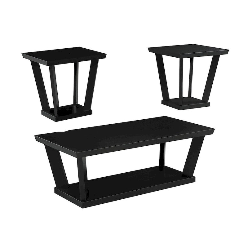 3 Piece Coffee Table Set, Angled Tapered Design, Black Rectangular Top