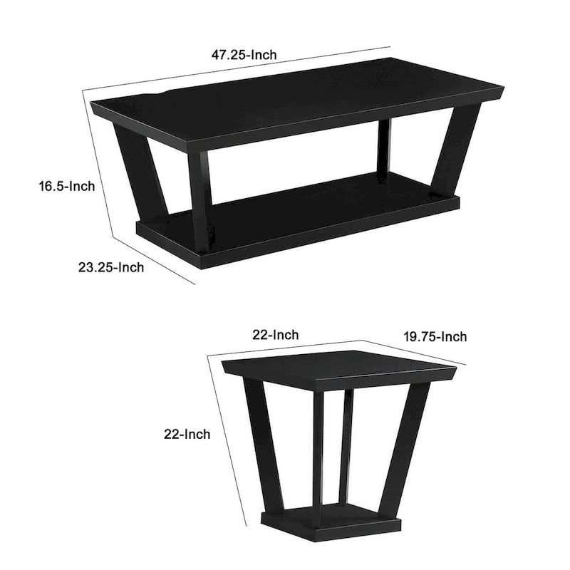 Ensemble de 3 tables basses, design conique incliné, plateau rectangulaire noir
