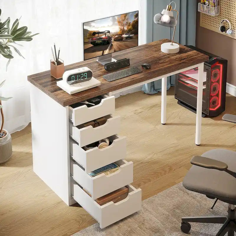 Bureau d'ordinateur en bois de 119 cm avec 5 tiroirs, bureau d'écriture avec cadre en métal pour chambre et bureau