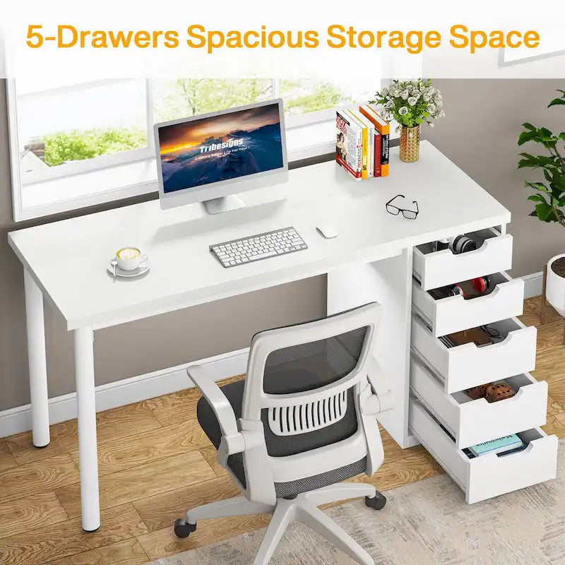 Bureau d'ordinateur en bois de 119 cm avec 5 tiroirs, bureau d'écriture avec cadre en métal pour chambre et bureau