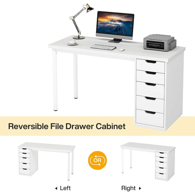 Bureau d'ordinateur en bois de 119 cm avec 5 tiroirs, bureau d'écriture avec cadre en métal pour chambre et bureau