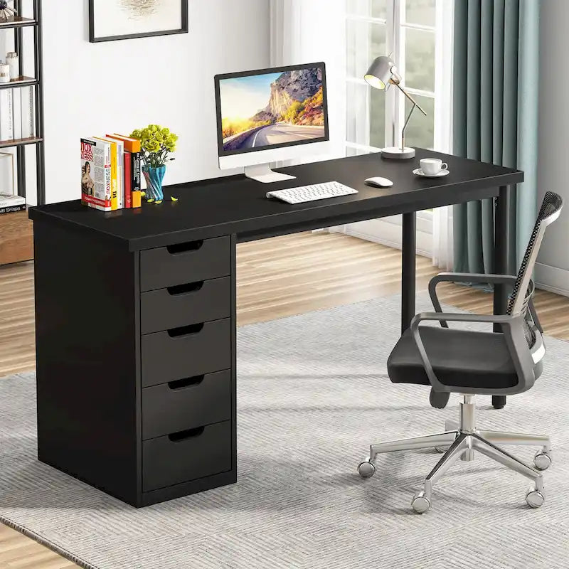Bureau d'ordinateur en bois de 119 cm avec 5 tiroirs, bureau d'écriture avec cadre en métal pour chambre et bureau