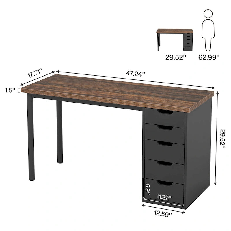 Bureau d'ordinateur en bois de 119 cm avec 5 tiroirs, bureau d'écriture avec cadre en métal pour chambre et bureau